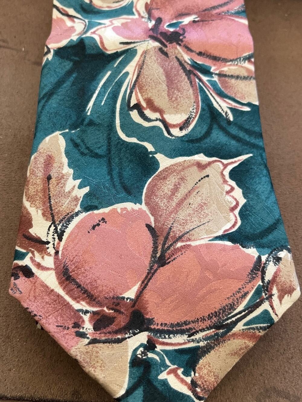 George Machodo Zylos green Teal Floral Silk Tie with Rose Accents